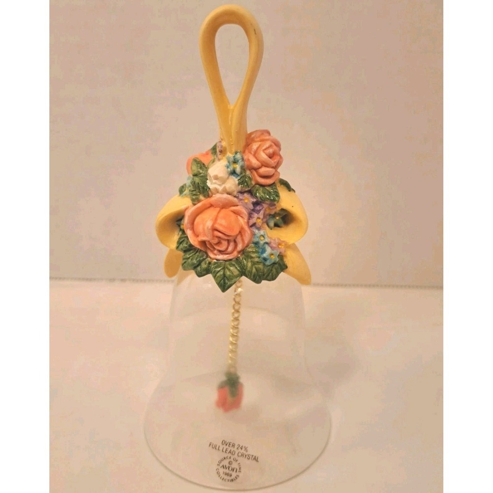 Vintage Avon Floral Crystal Decorative Bell Yellow Handle Multicolor Accents